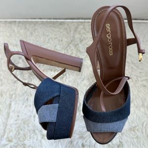 SERGIO ROSSI Denim Colorblock T-Strap Sandals SIZE 39